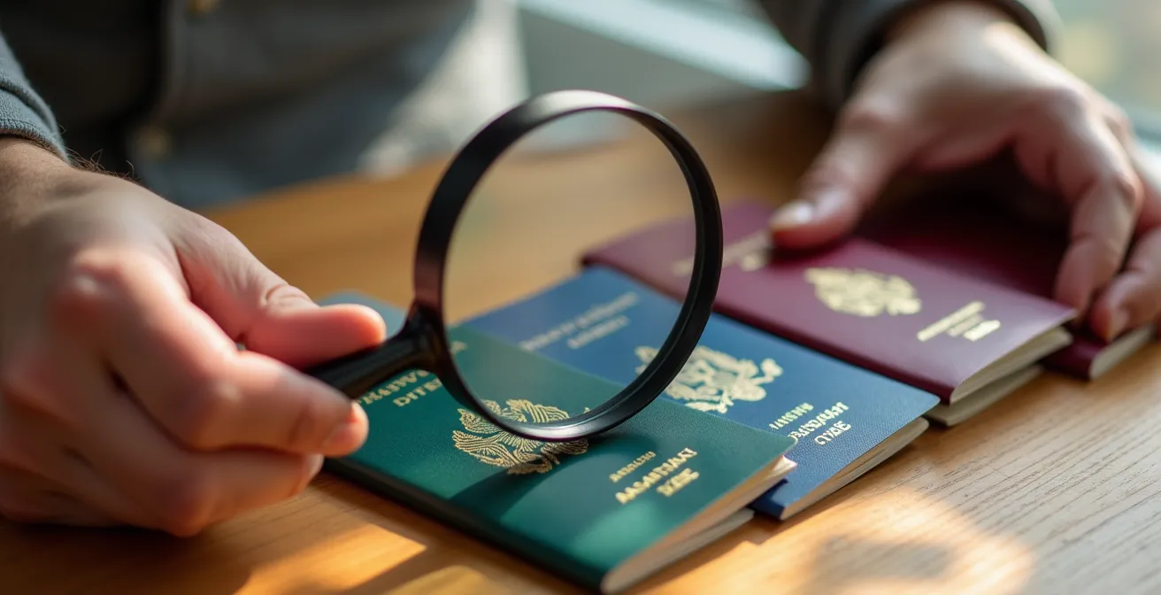 Personne consultant différents passeports posés sur une table avec une loupe